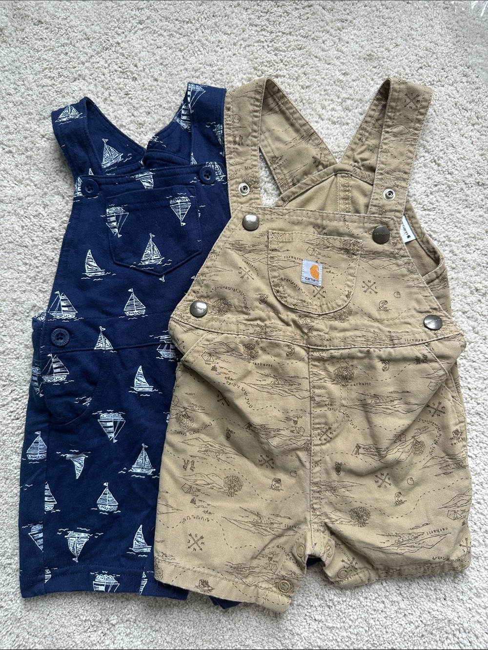 Carhartt Tan Map-Print Shortalls & Navy Sailboat Shortalls Set